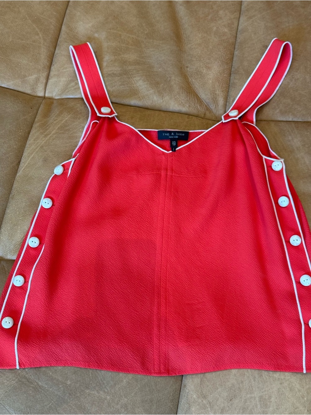 rag & bone Red Sleeveless Tia Tank with White Piping and Side Buttons